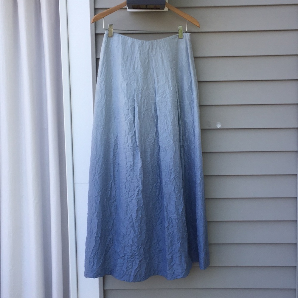 Blue ombré wrinkled silk maxi skirt